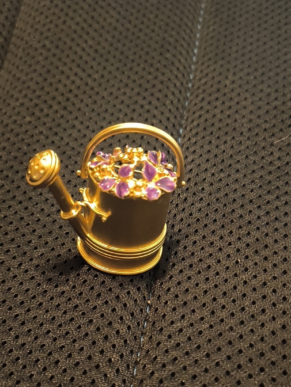 Hand Crafted Gold-tone Watering Can Brooch with Purple Flower Accents